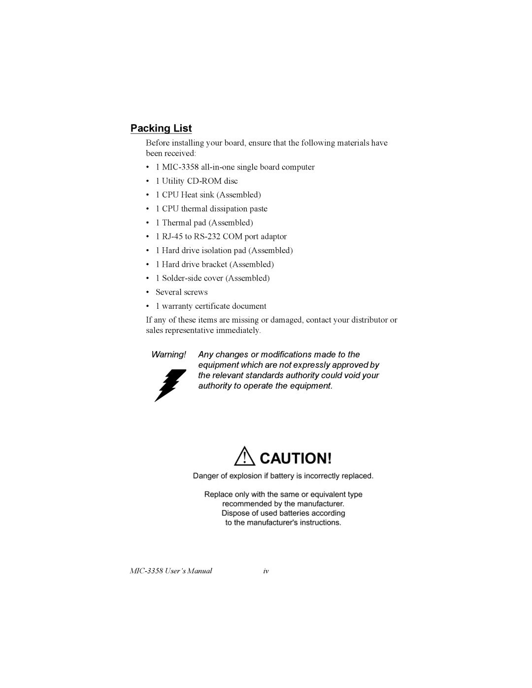 Intel MIC-3358 user manual Packing List 