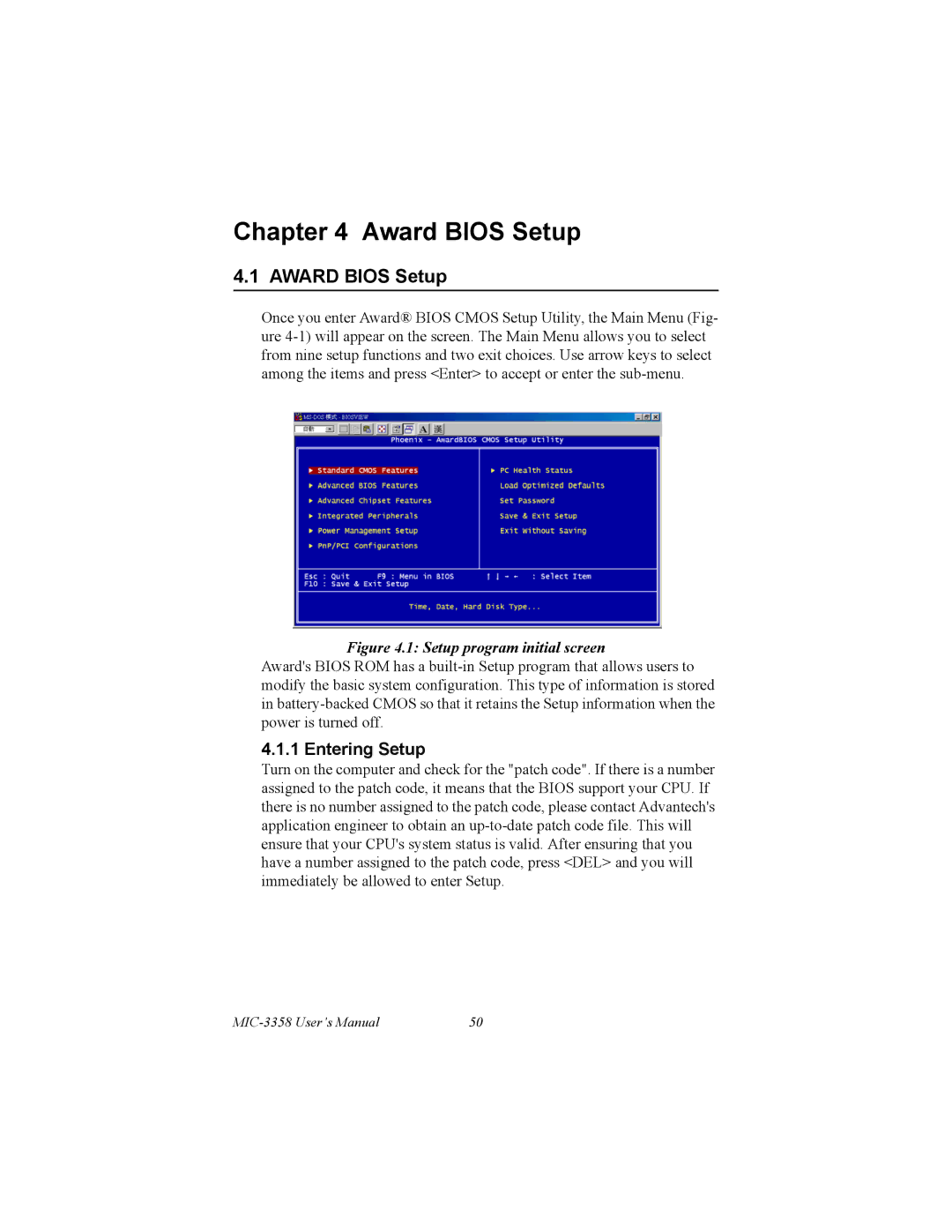 Intel MIC-3358 user manual Award Bios Setup, Entering Setup 