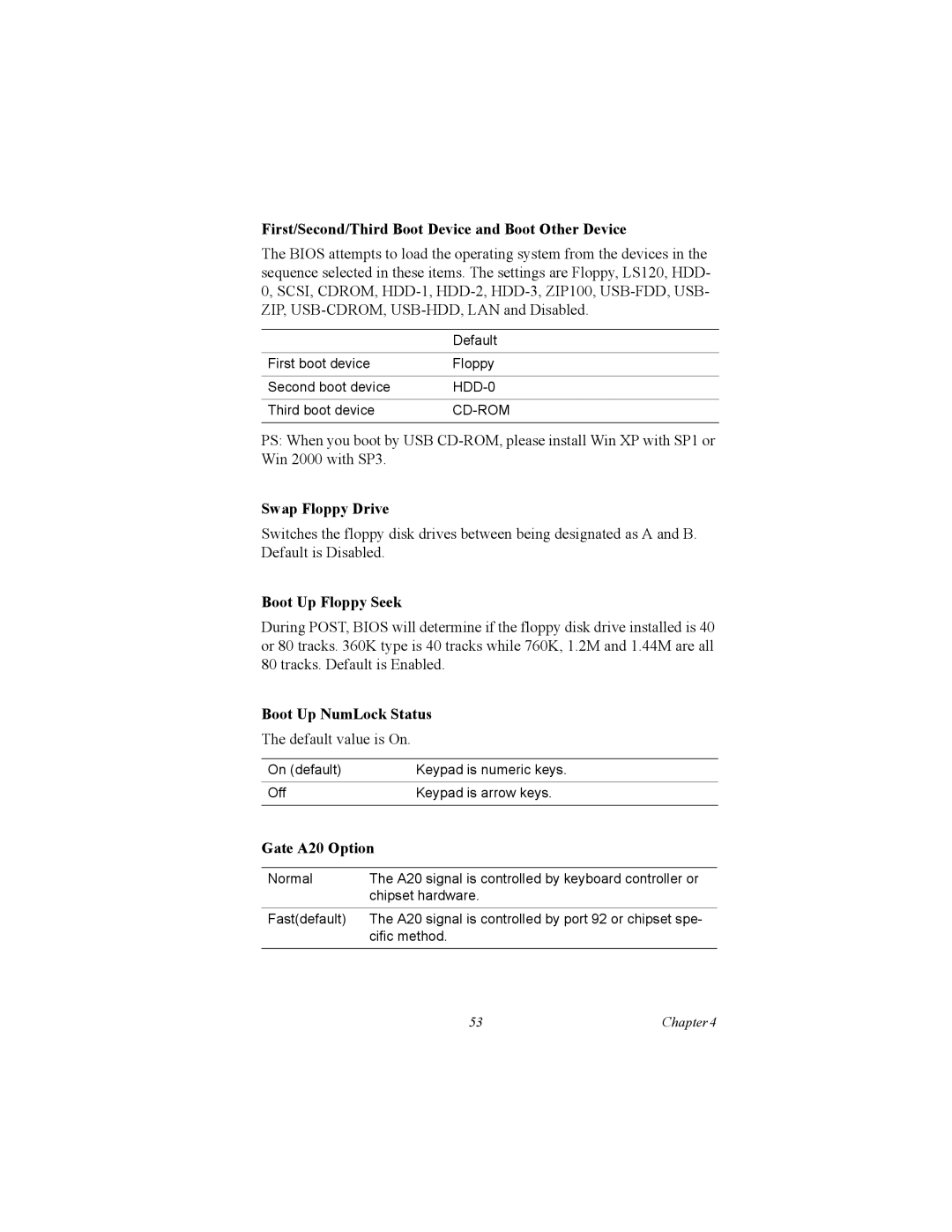 Intel MIC-3358 user manual First/Second/Third Boot Device and Boot Other Device, Swap Floppy Drive, Boot Up Floppy Seek 