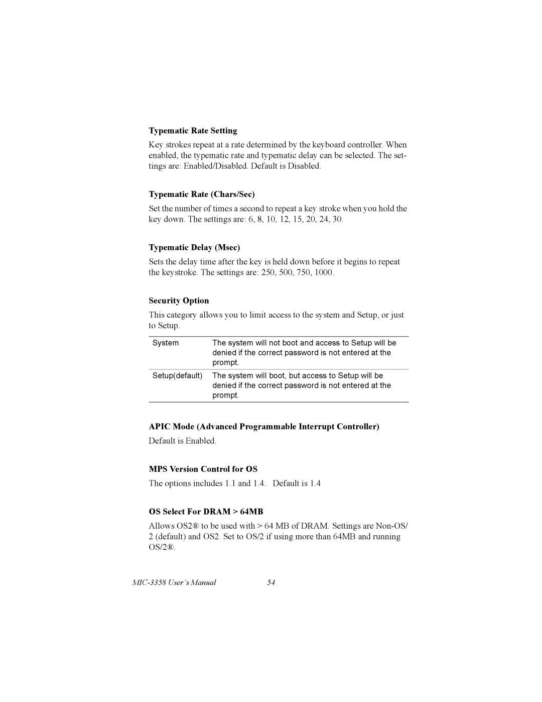 Intel MIC-3358 user manual Typematic Rate Setting, Typematic Rate Chars/Sec, Typematic Delay Msec, Security Option 