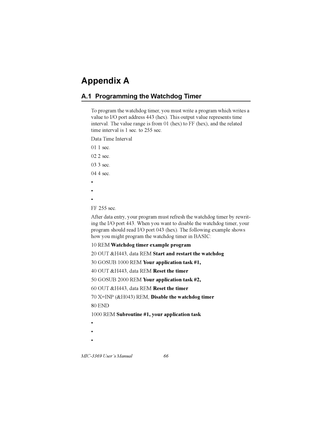 Intel MIC-3358 user manual Programming the Watchdog Timer, Gosub 2000 REM Your application task #2 