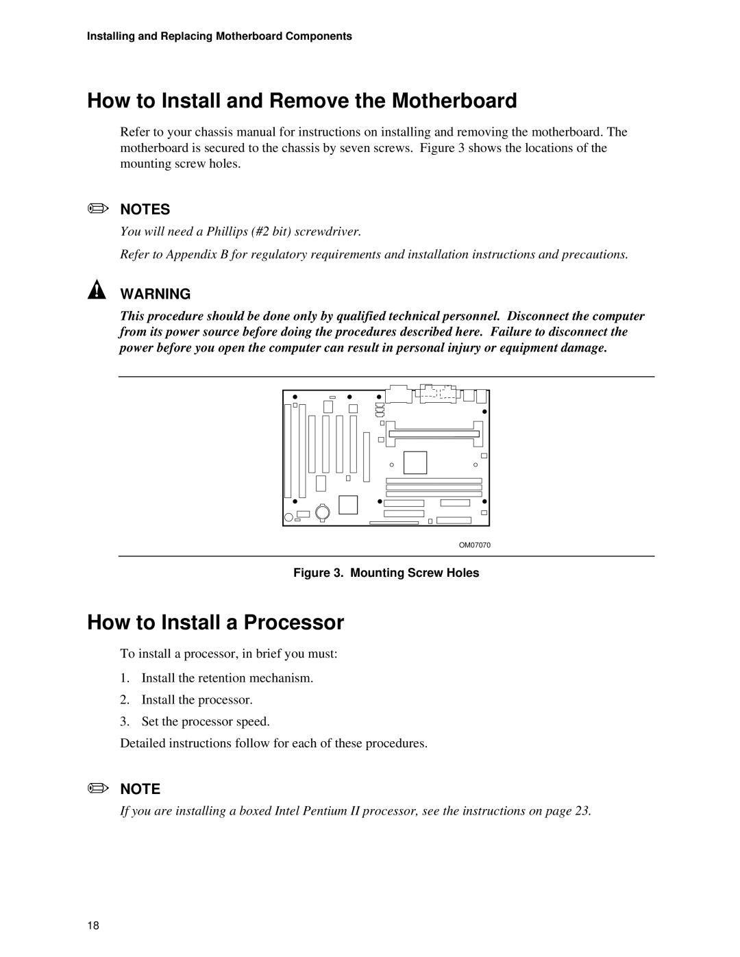 Intel SE400BX manual How to Install and Remove the Motherboard, How to Install a Processor 