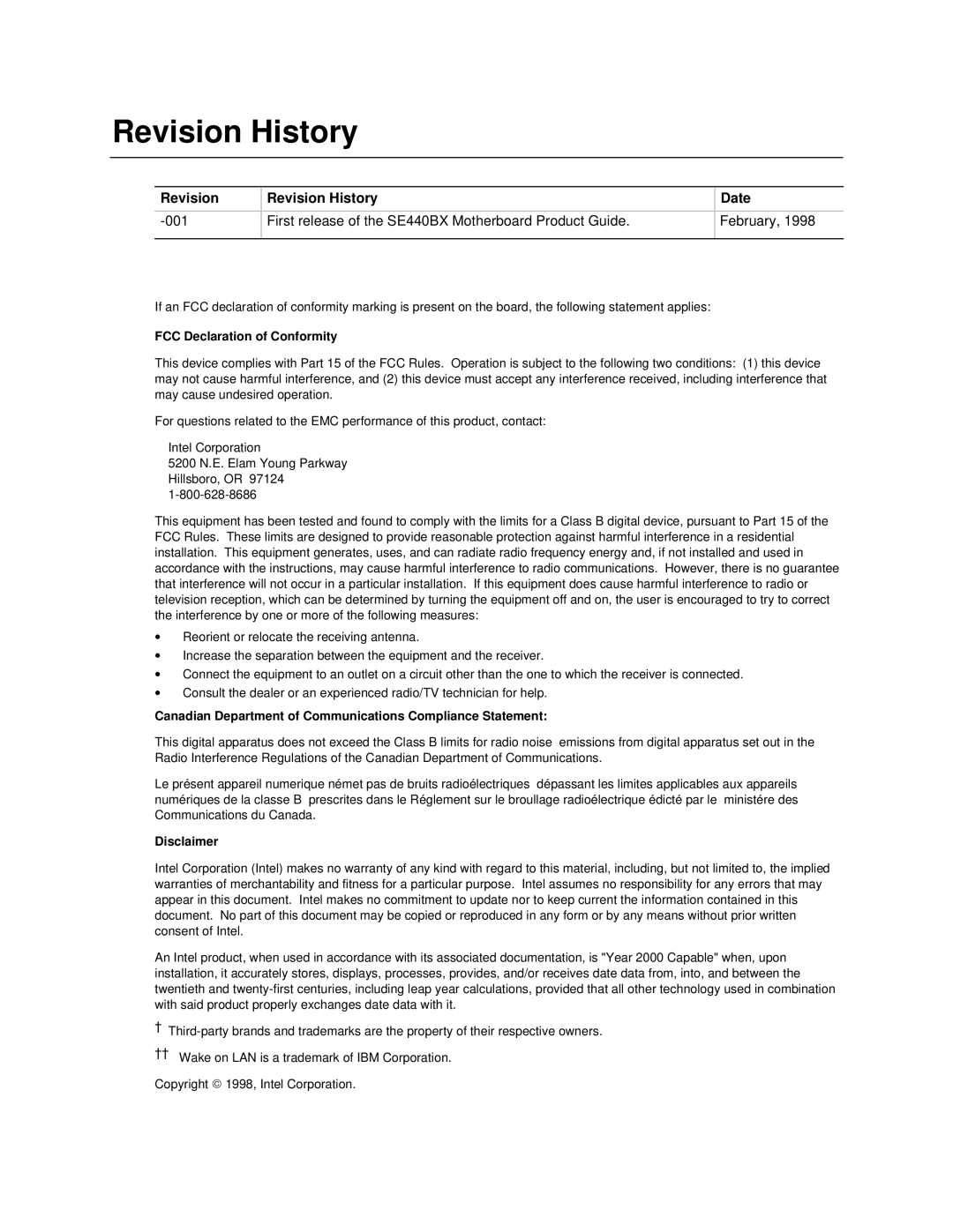 Intel Motherboard, SE400BX manual Revision Revision History Date 