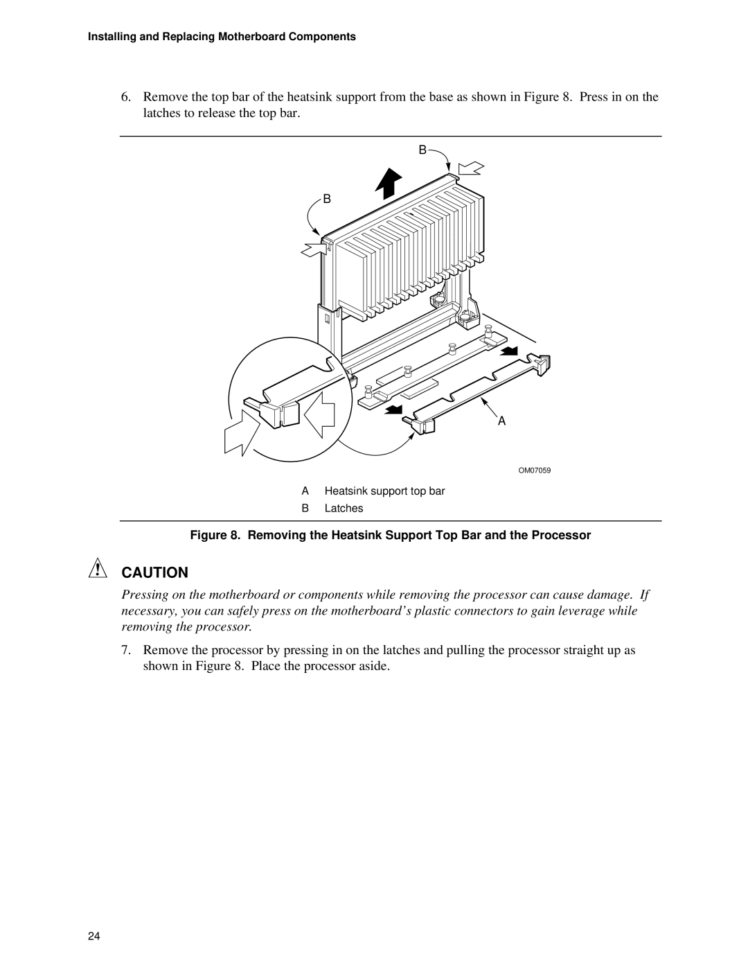 Intel Motherboard, SE400BX manual Removing the Heatsink Support Top Bar and the Processor 