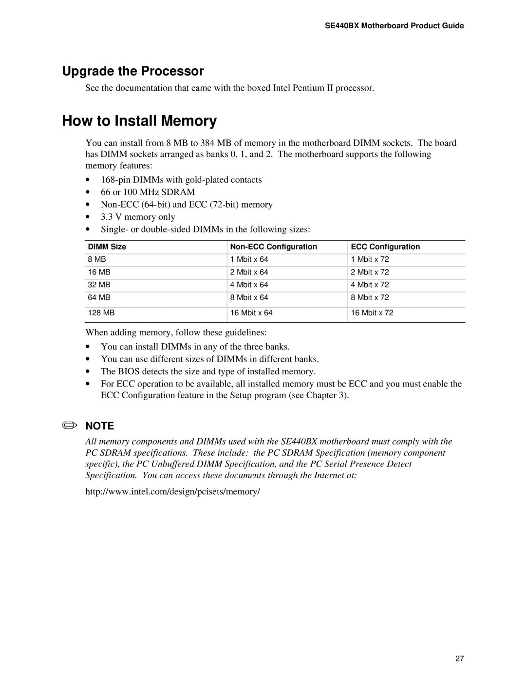 Intel SE400BX, Motherboard manual How to Install Memory, Upgrade the Processor, Dimm Size Non-ECC Configuration 