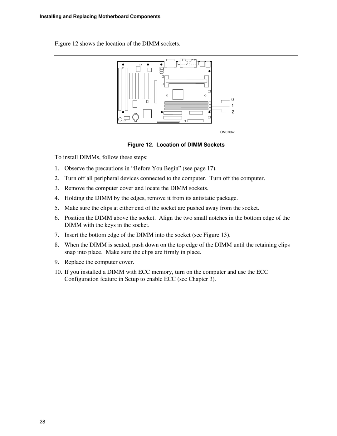 Intel Motherboard, SE400BX manual Shows the location of the Dimm sockets 