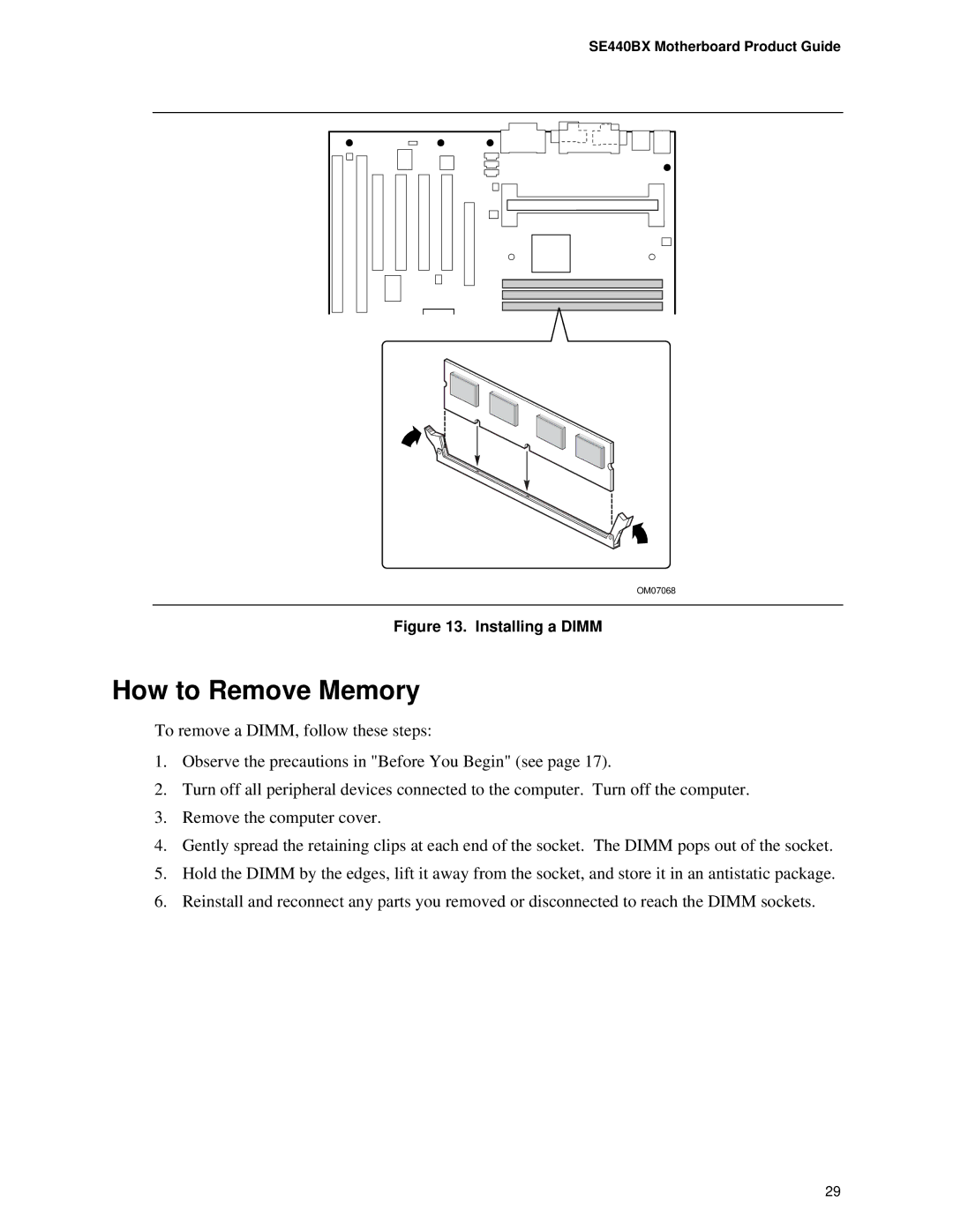 Intel SE400BX, Motherboard manual How to Remove Memory, Installing a Dimm 