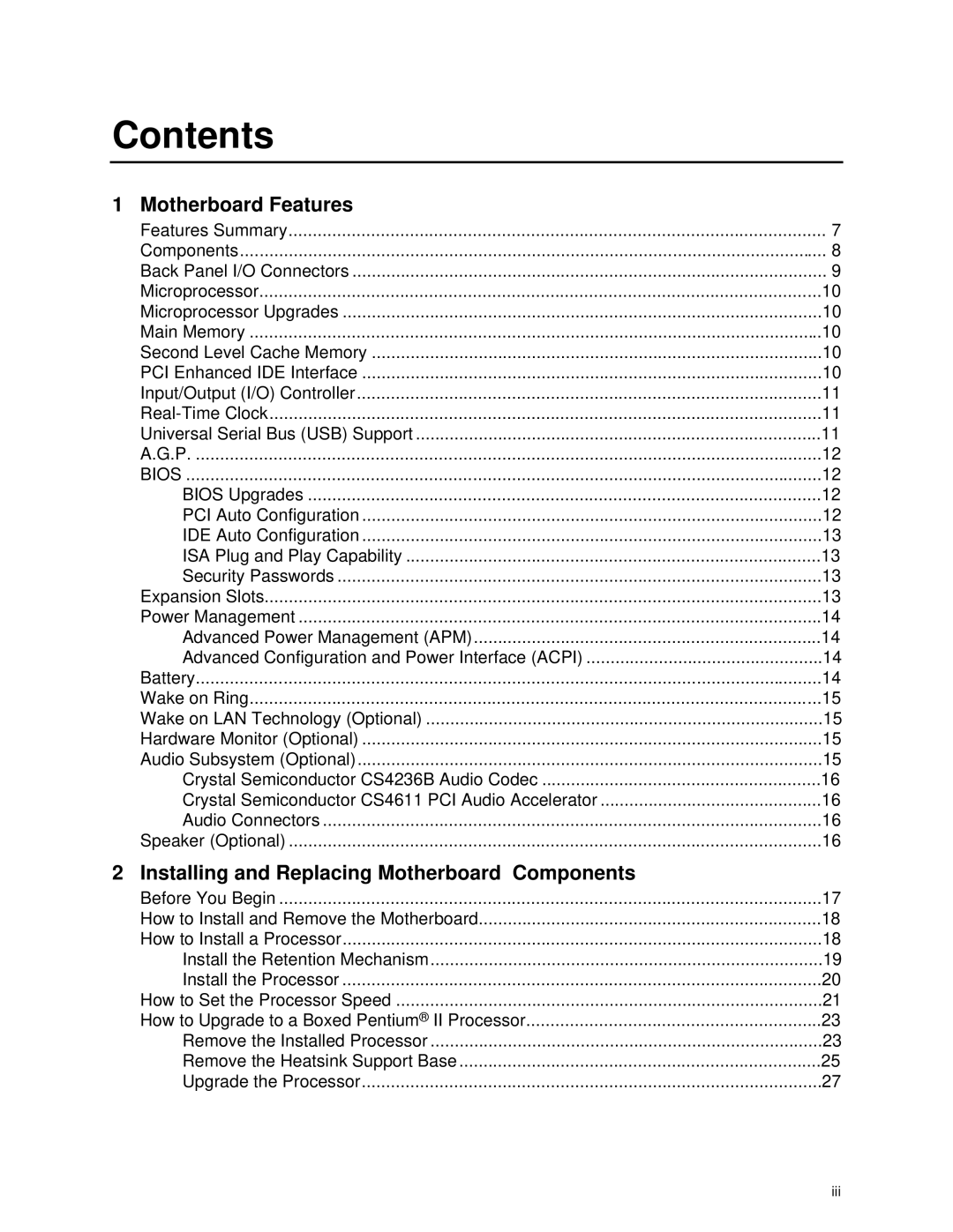 Intel SE400BX, Motherboard manual Contents 