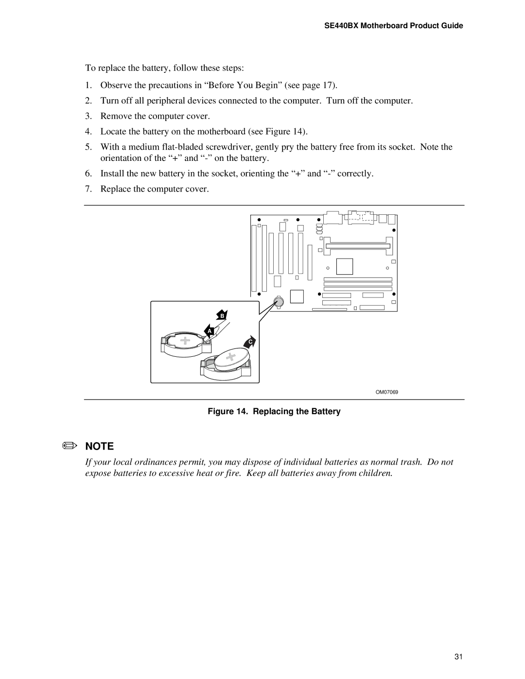 Intel SE400BX, Motherboard manual Replacing the Battery 