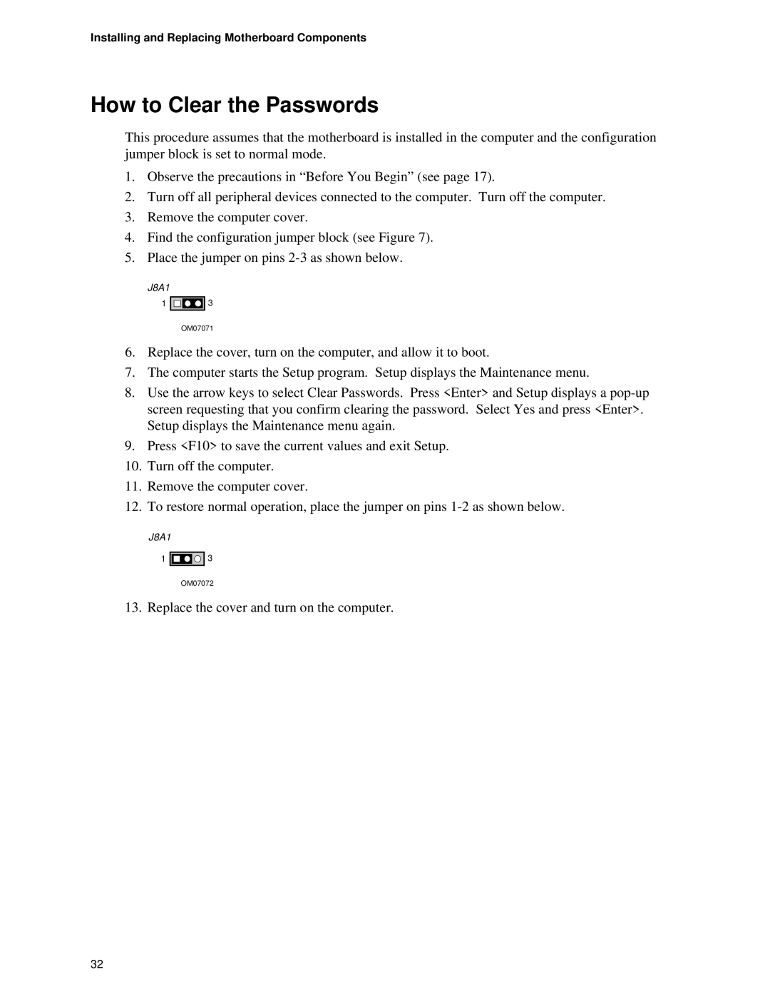 Intel Motherboard, SE400BX manual How to Clear the Passwords 