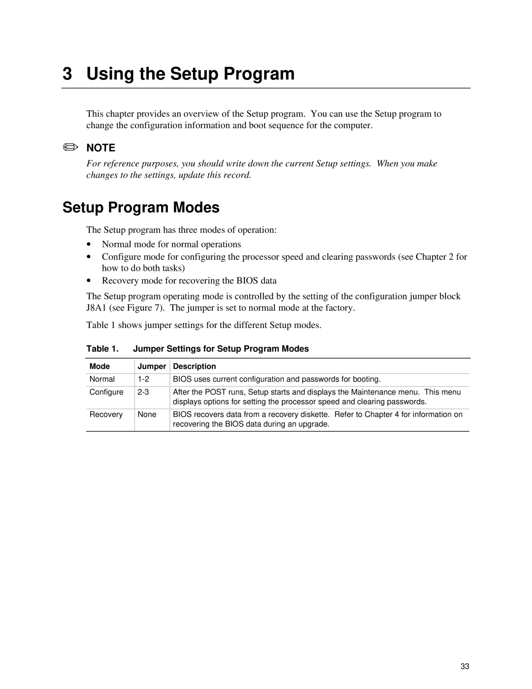 Intel SE400BX, Motherboard Using the Setup Program, Jumper Settings for Setup Program Modes, Mode Jumper Description 