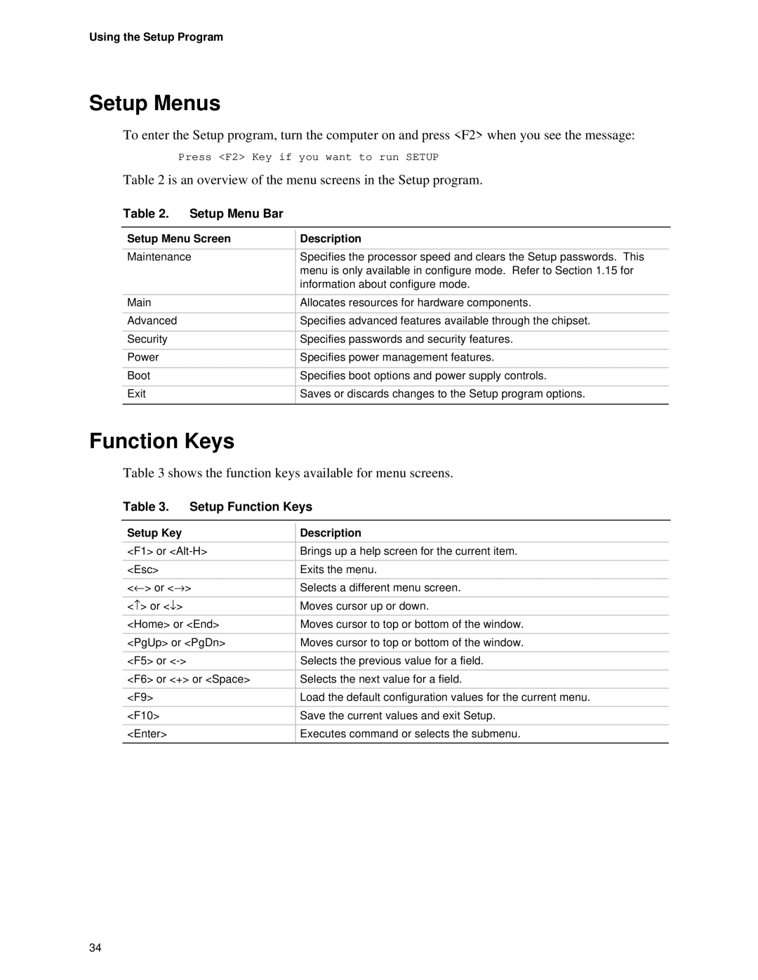 Intel Motherboard, SE400BX manual Setup Menus, Setup Menu Bar, Setup Function Keys 