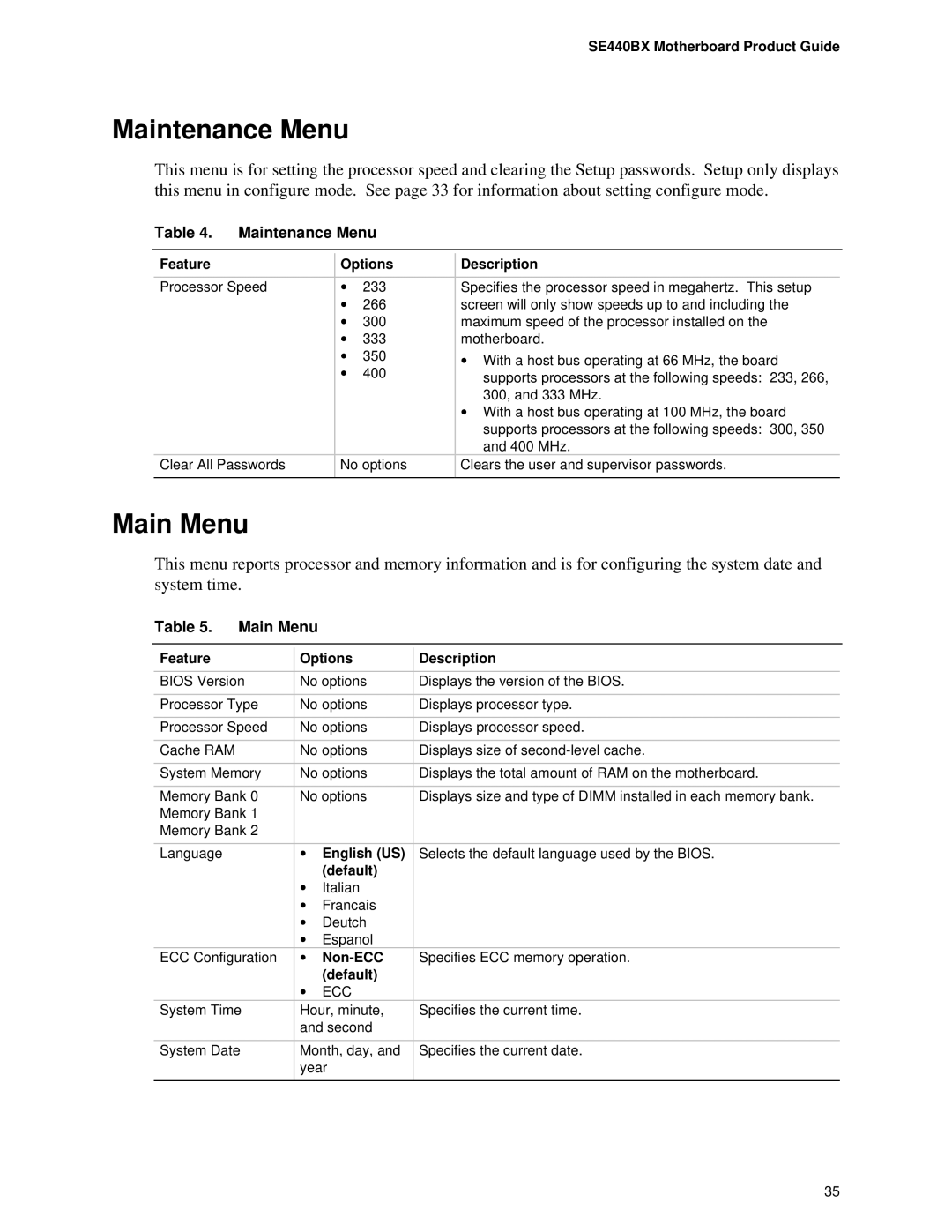 Intel SE400BX, Motherboard manual Maintenance Menu, Main Menu 