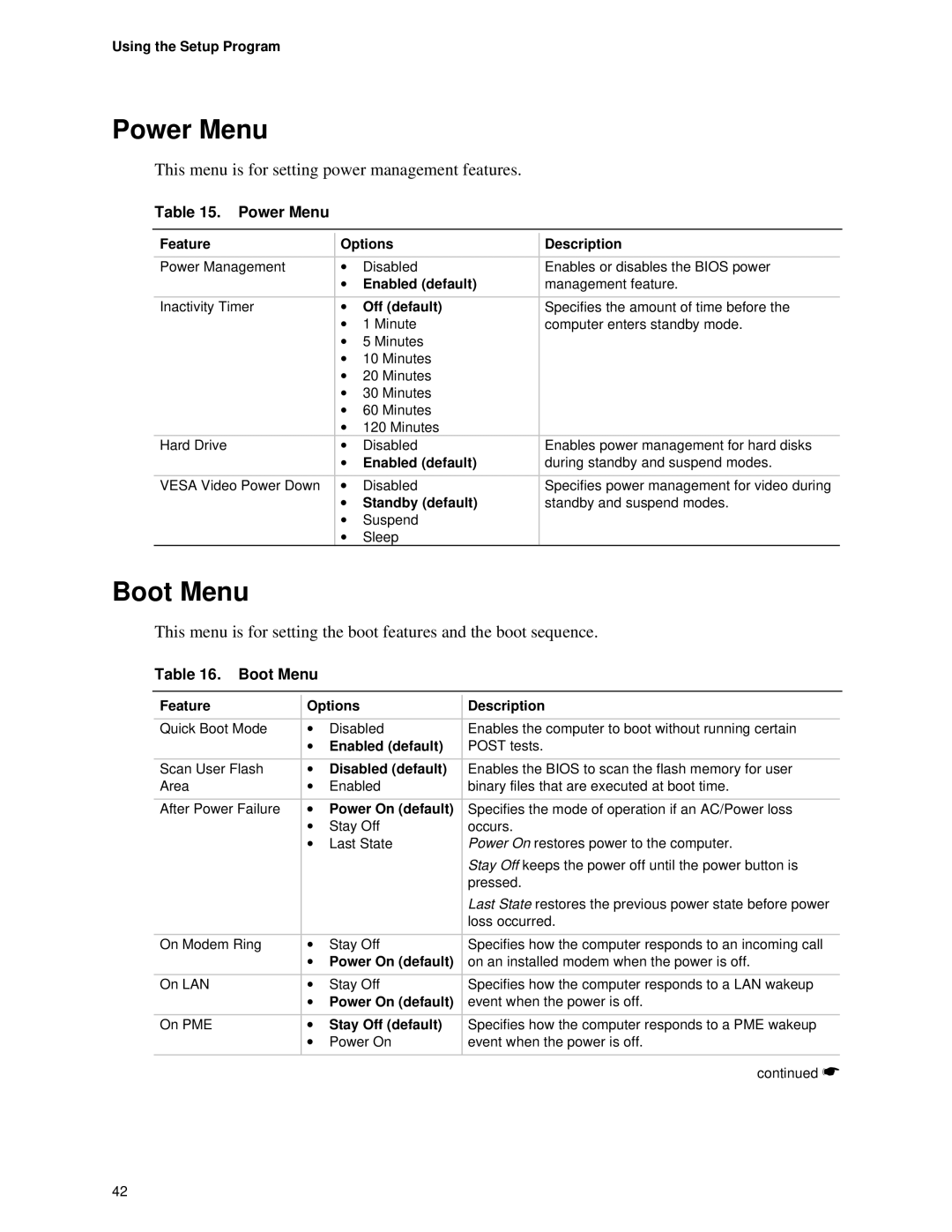 Intel Motherboard, SE400BX manual Power Menu, Boot Menu 