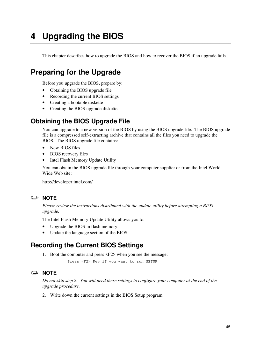 Intel SE400BX, Motherboard manual Upgrading the Bios, Preparing for the Upgrade, Obtaining the Bios Upgrade File 