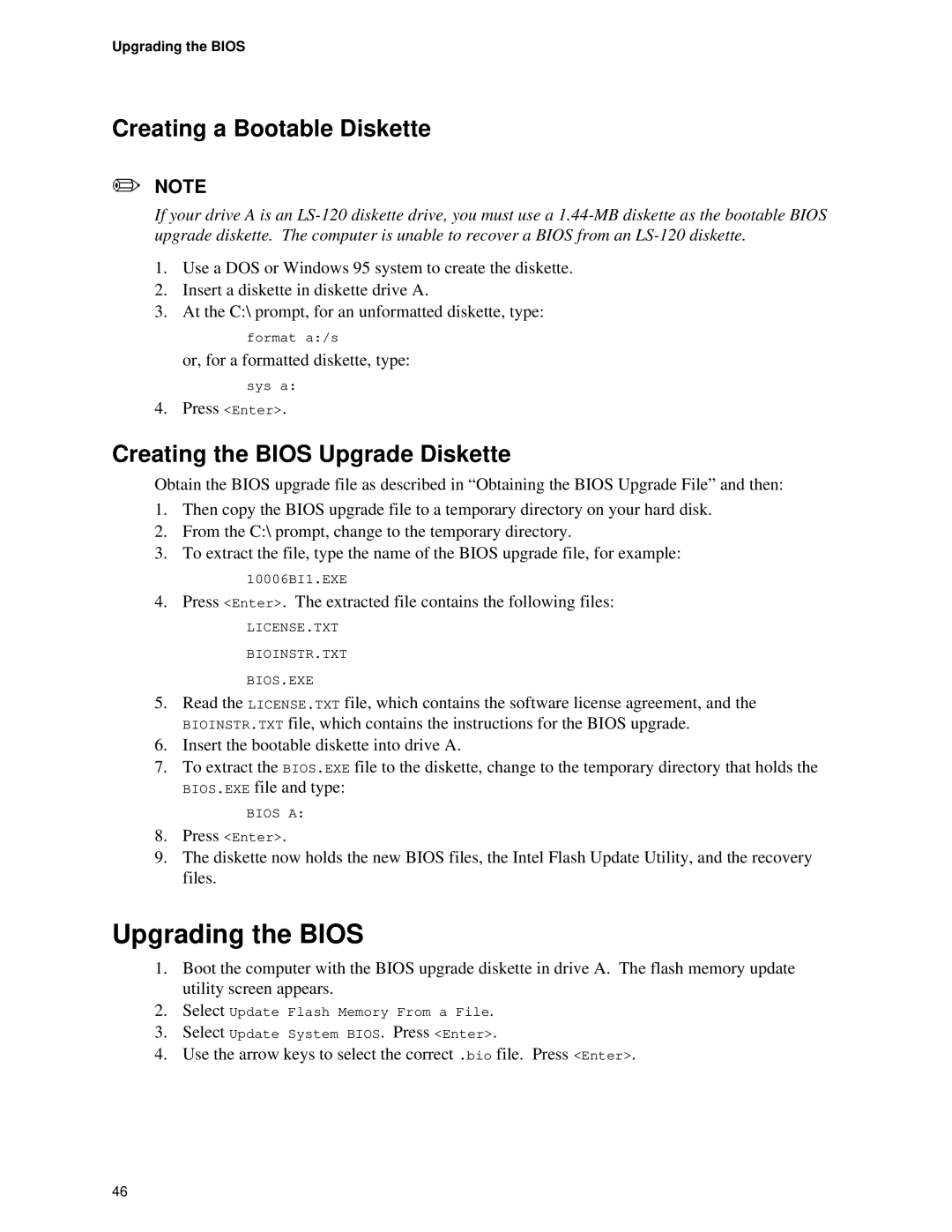 Intel Motherboard, SE400BX manual Upgrading the Bios, Creating a Bootable Diskette, Creating the Bios Upgrade Diskette 