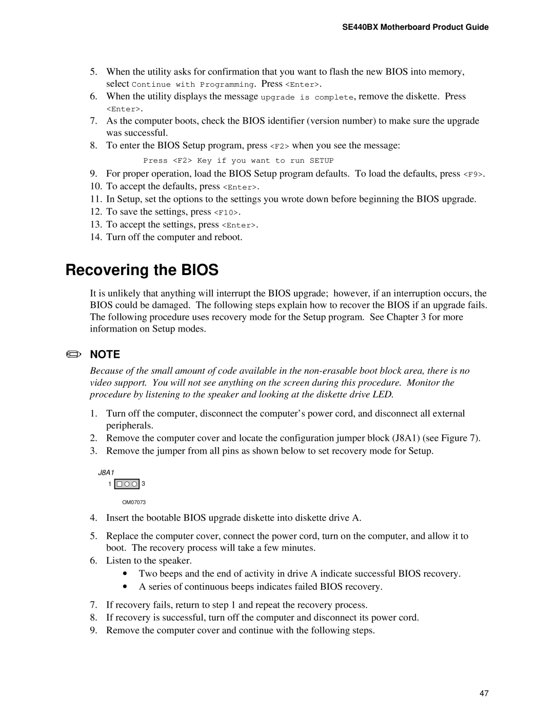 Intel SE400BX manual Recovering the Bios, SE440BX Motherboard Product Guide 