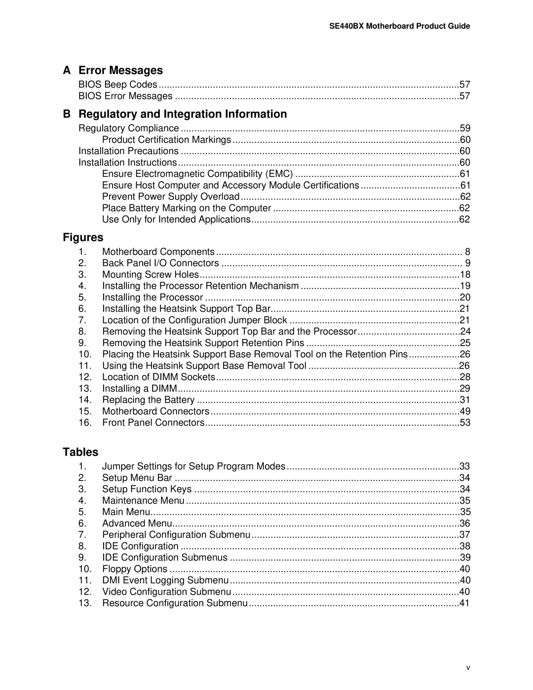 Intel SE400BX manual Regulatory and Integration Information, SE440BX Motherboard Product Guide 