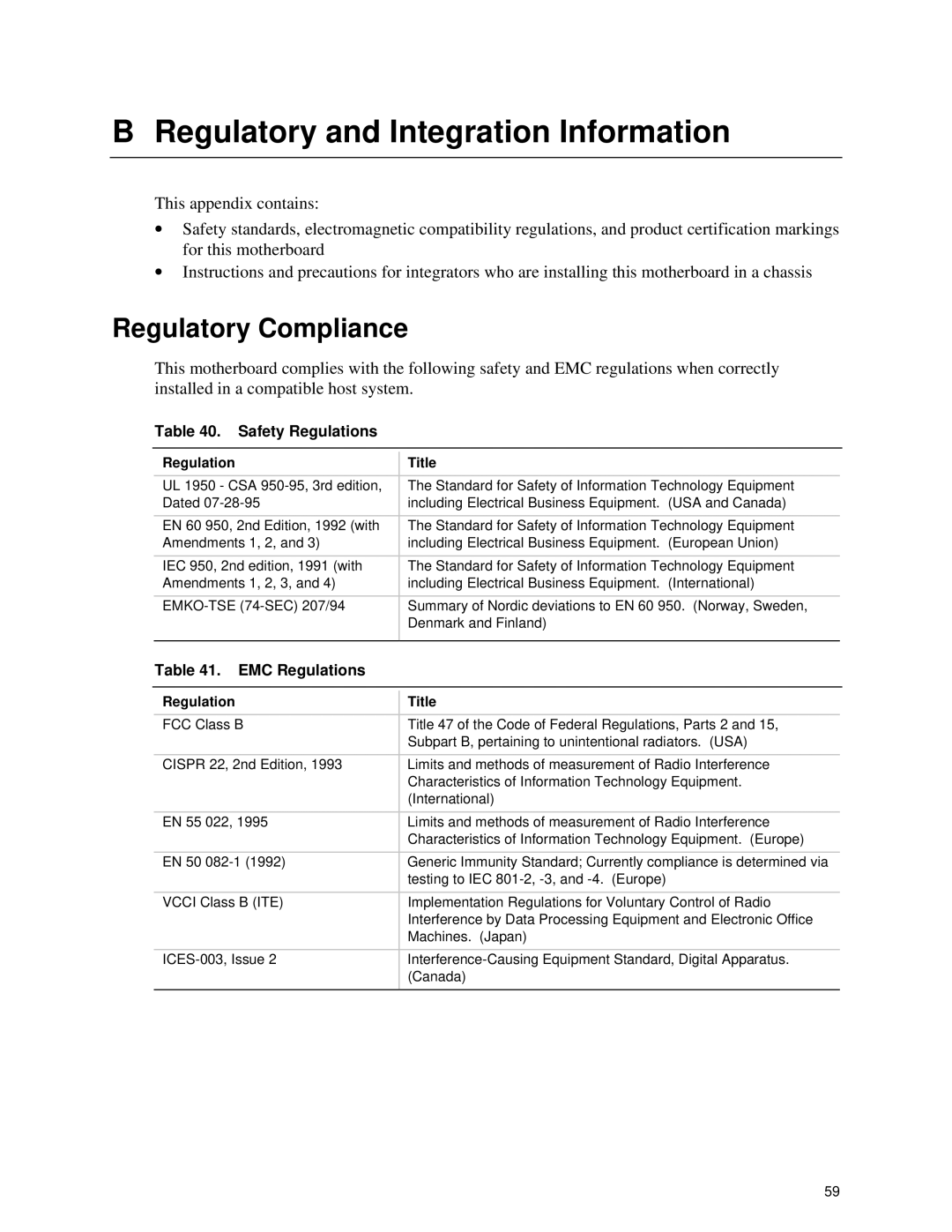 Intel SE400BX manual Regulatory and Integration Information, Regulatory Compliance, Safety Regulations, EMC Regulations 