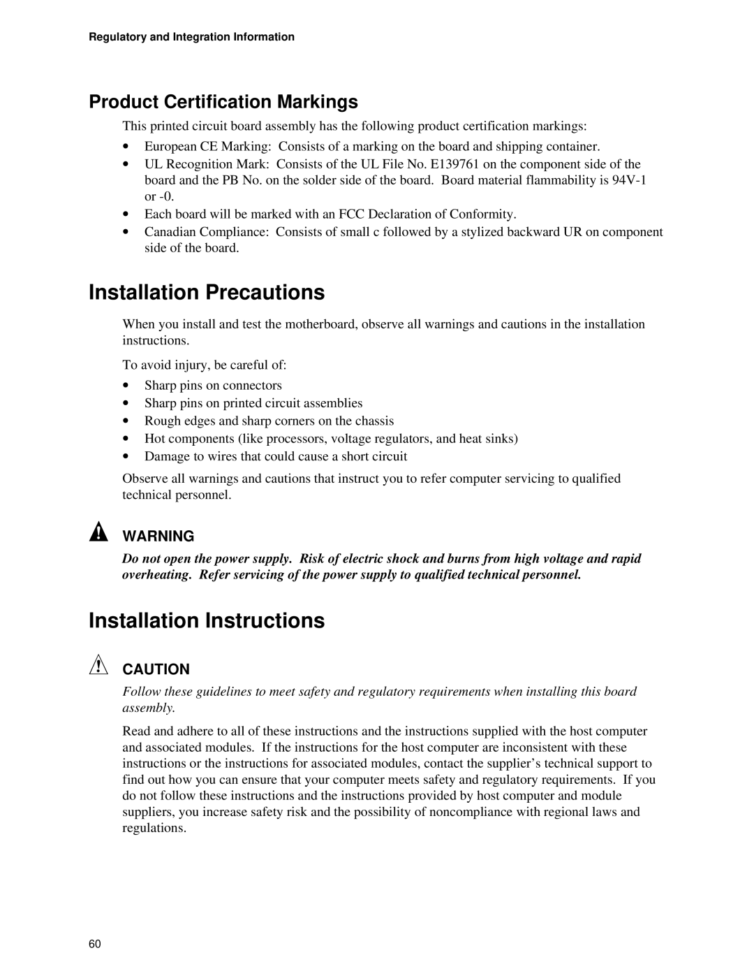 Intel Motherboard, SE400BX manual Installation Precautions, Installation Instructions, Product Certification Markings 