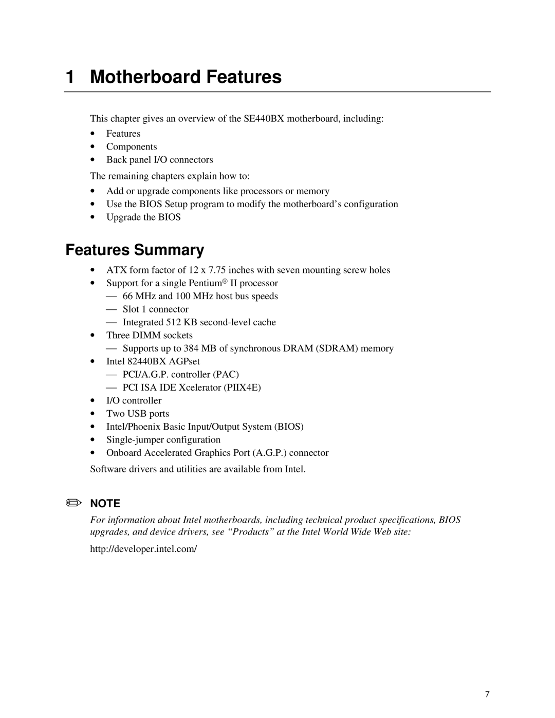 Intel SE400BX manual Motherboard Features, Features Summary 