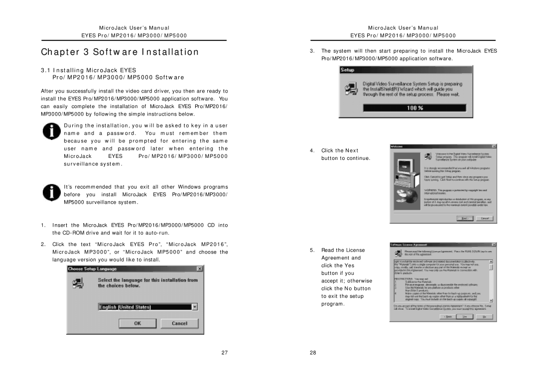 Intel user manual Software Installation, Installing MicroJack Eyes Pro/MP2016/MP3000/MP5000 Software 