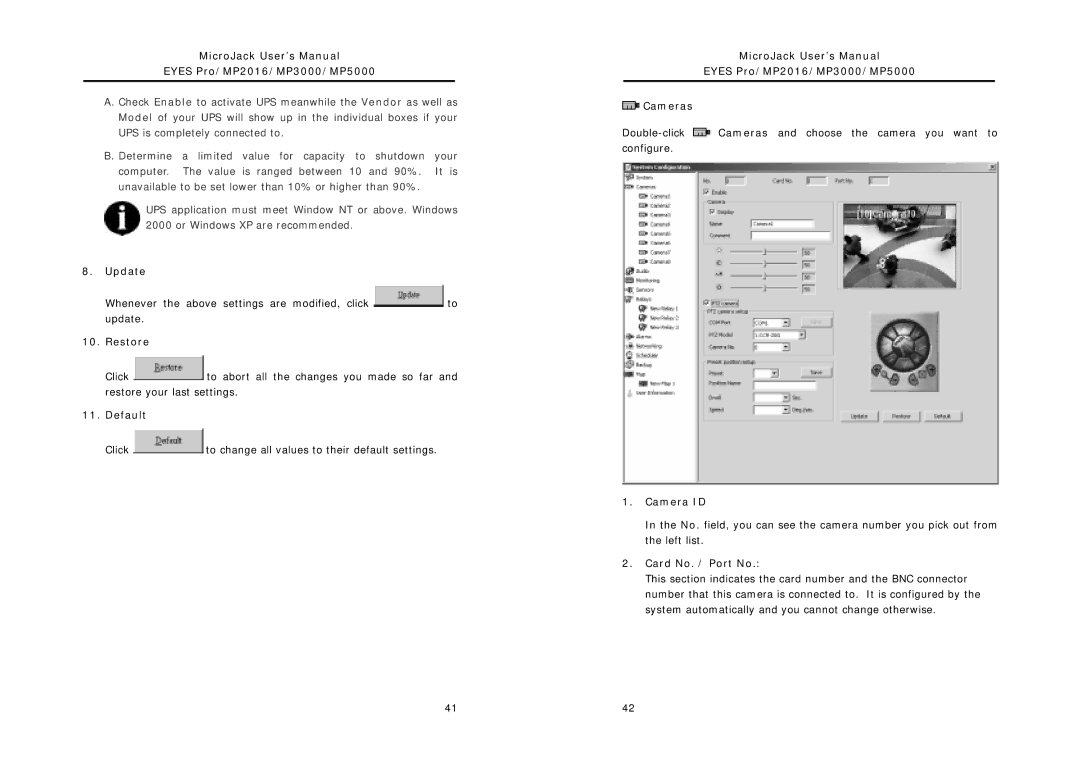 Intel MP5000, MP2016, MP3000 user manual Update, Restore, Default, Camera ID, Card No. / Port No 