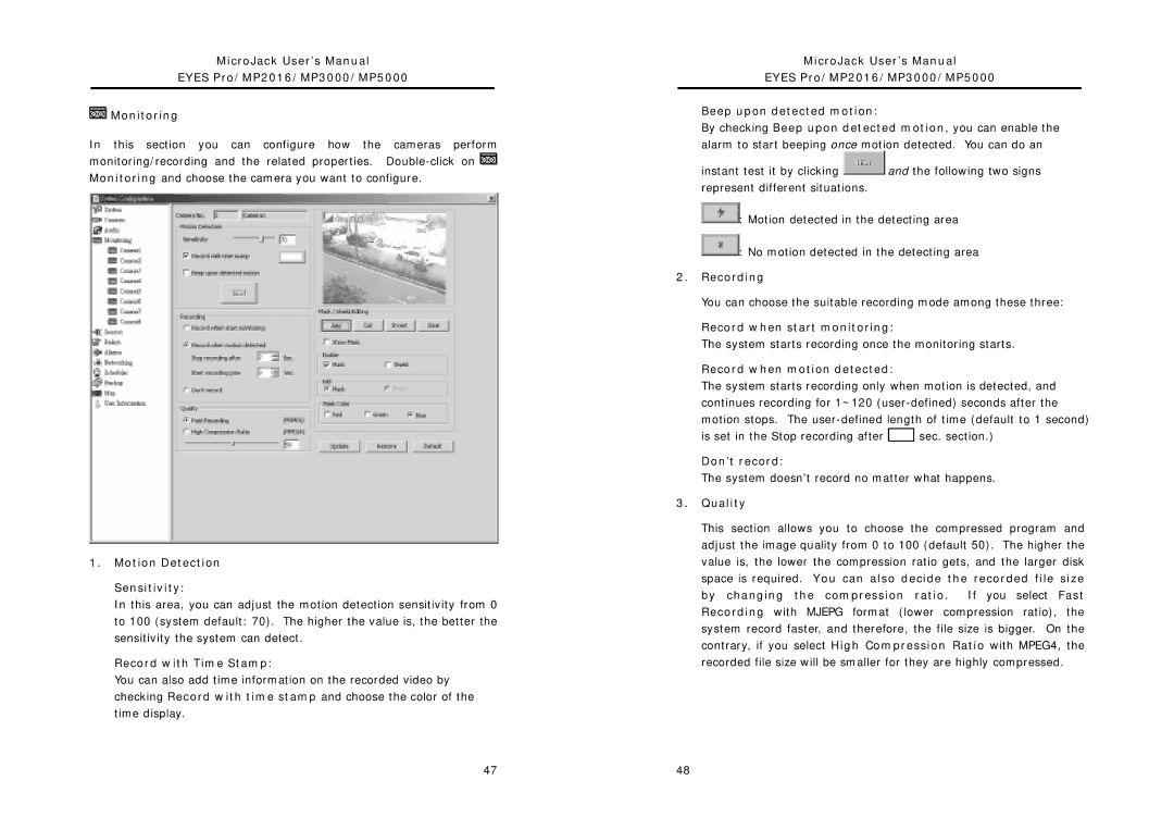 Intel MP5000 Motion Detection Sensitivity, Record with Time Stamp, Recording, Record when start monitoring, Don’t record 