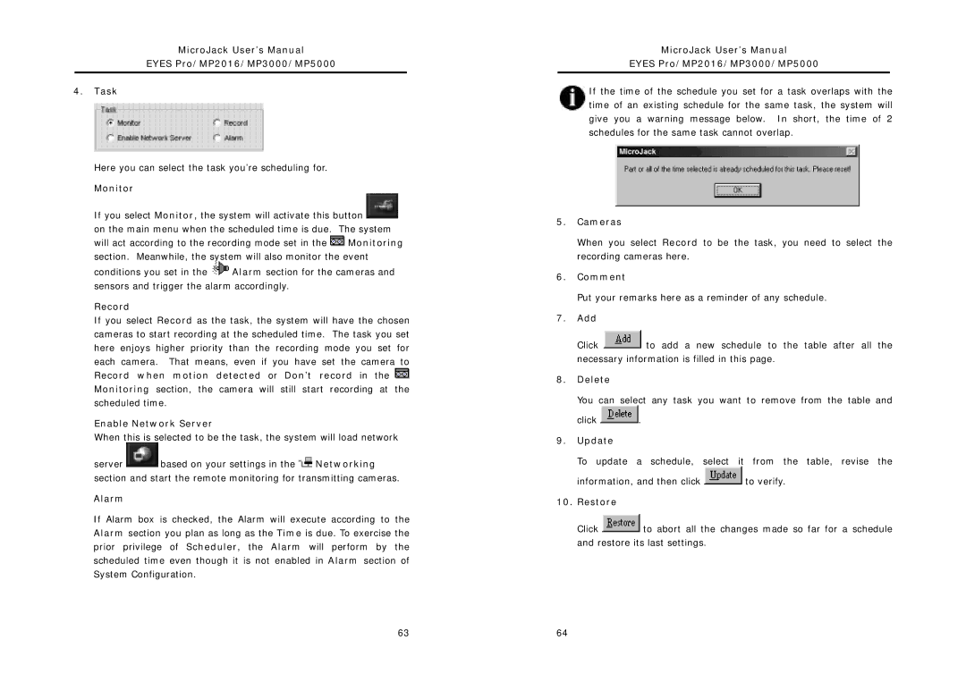 Intel MicroJack User’s Manual Eyes Pro/MP2016/MP3000/MP5000 Task, Monitor, Record, Enable Network Server, Alarm, Add 