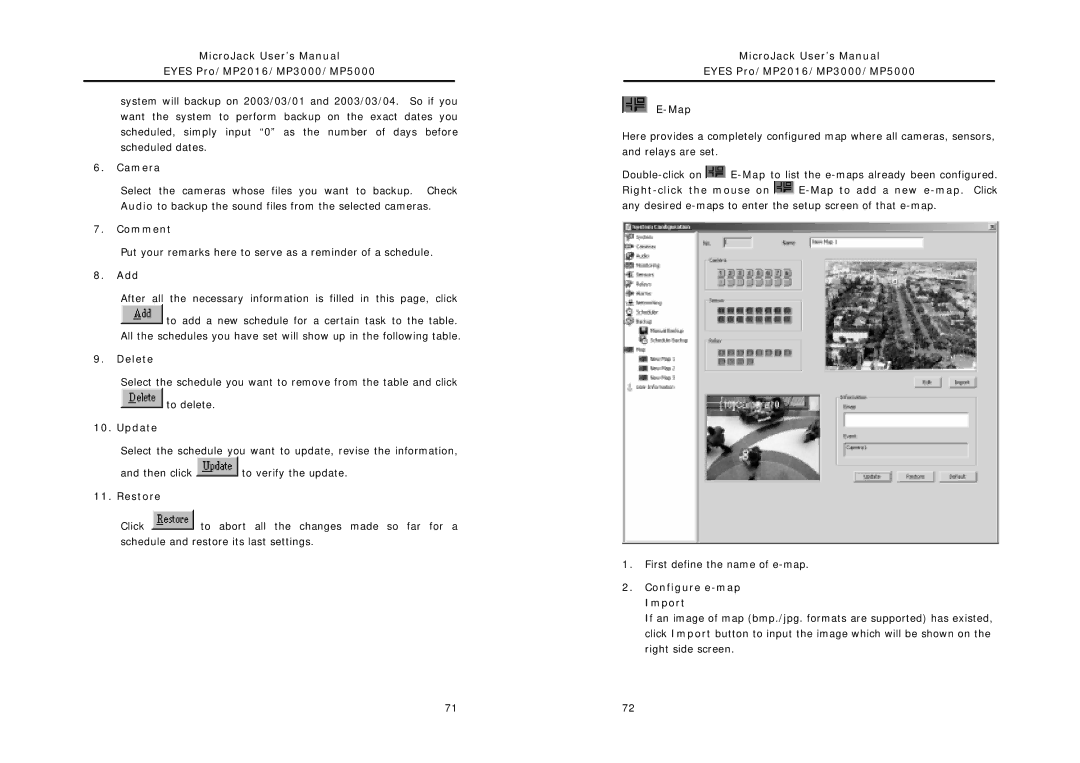 Intel user manual Camera, MicroJack User’s Manual Eyes Pro/MP2016/MP3000/MP5000 Map, Configure e-map Import 