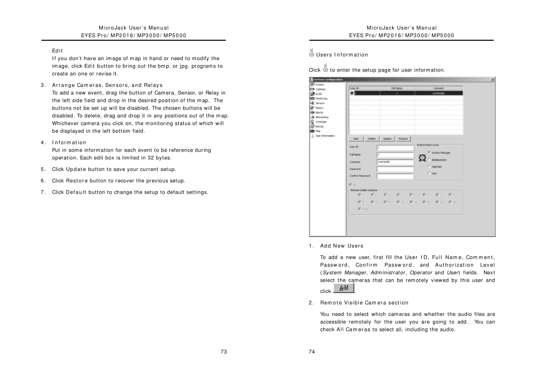 Intel MicroJack User’s Manual Eyes Pro/MP2016/MP3000/MP5000 Edit, Arrange Cameras, Sensors, and Relays, Information 