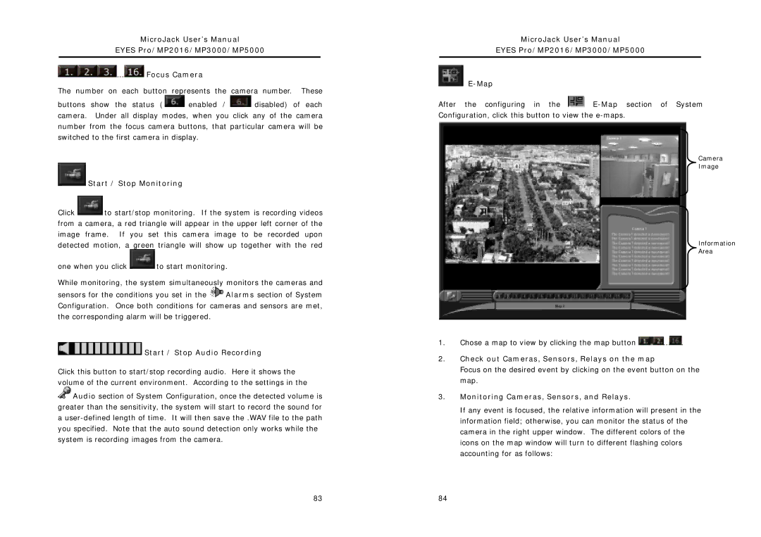 Intel MP5000, MP2016 Start / Stop Monitoring, Start / Stop Audio Recording, Check out Cameras, Sensors, Relays on the map 