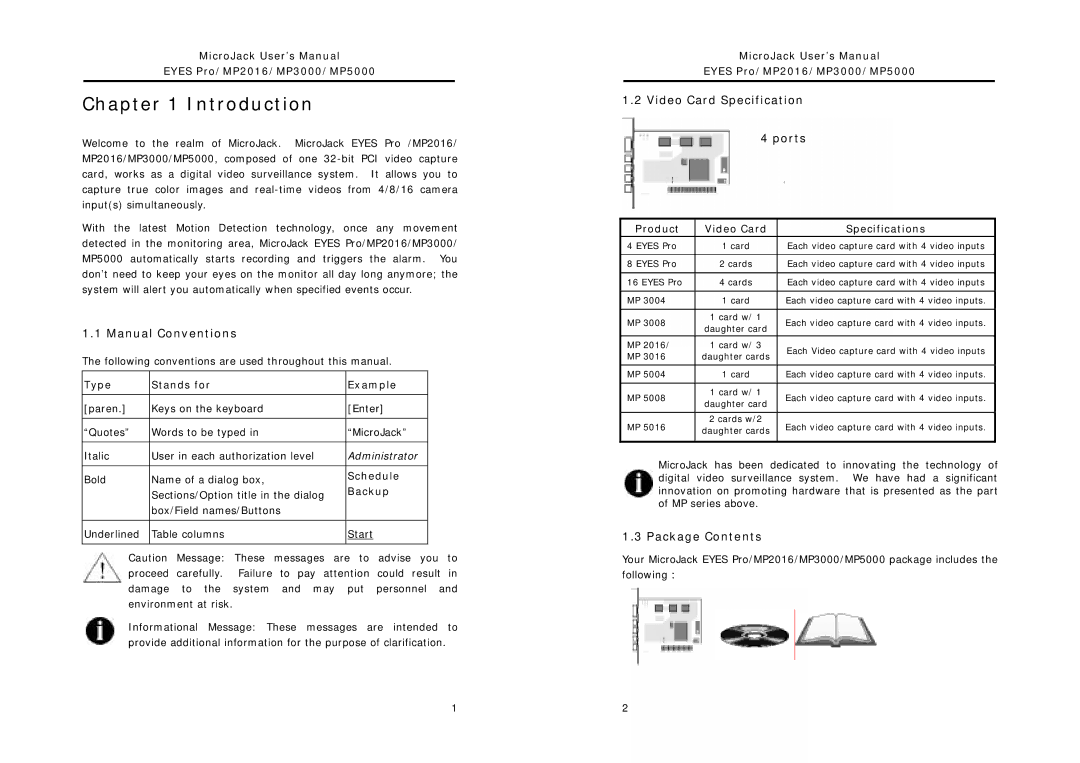 Intel MP3000, MP2016, MP5000 user manual Introduction, Manual Conventions, Video Card Specification 4 ports, Package Contents 