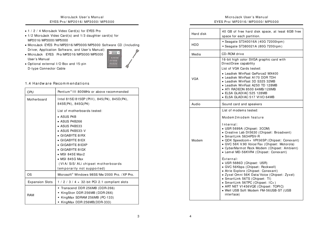 Intel MP2016, MP5000, MP3000 user manual Hardware Recommendations 