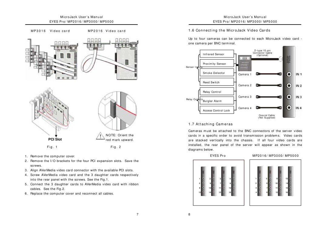 Intel MP3000, MP2016, MP5000 user manual Connecting the MicroJack Video Cards, Attaching Cameras, Eyes Pro 