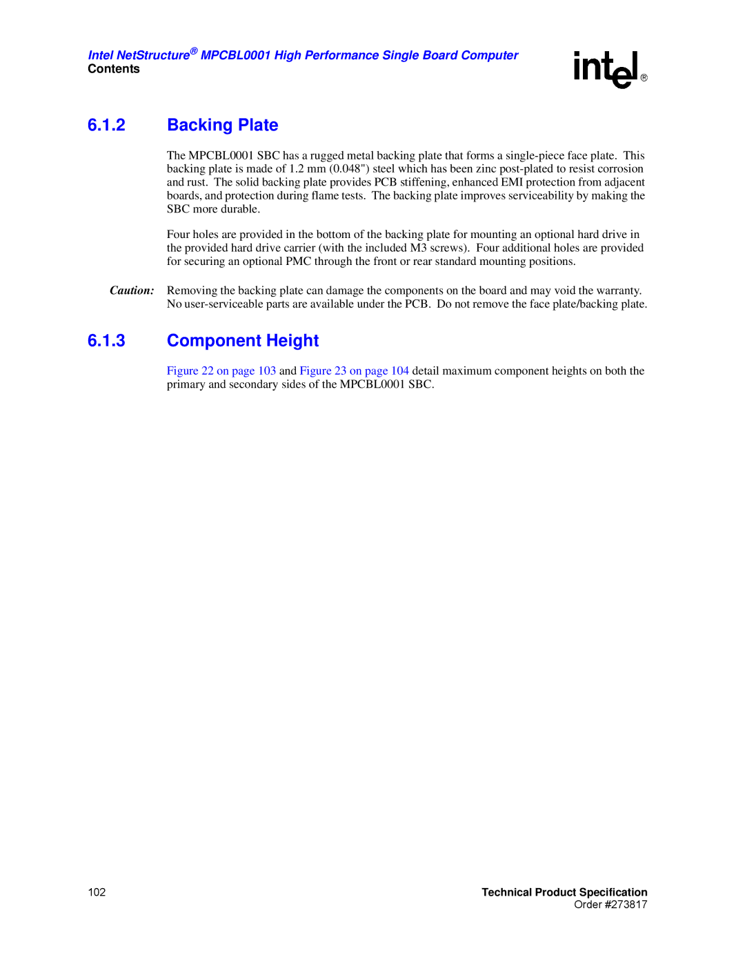 Intel MPCBL0001 manual Backing Plate, Component Height 