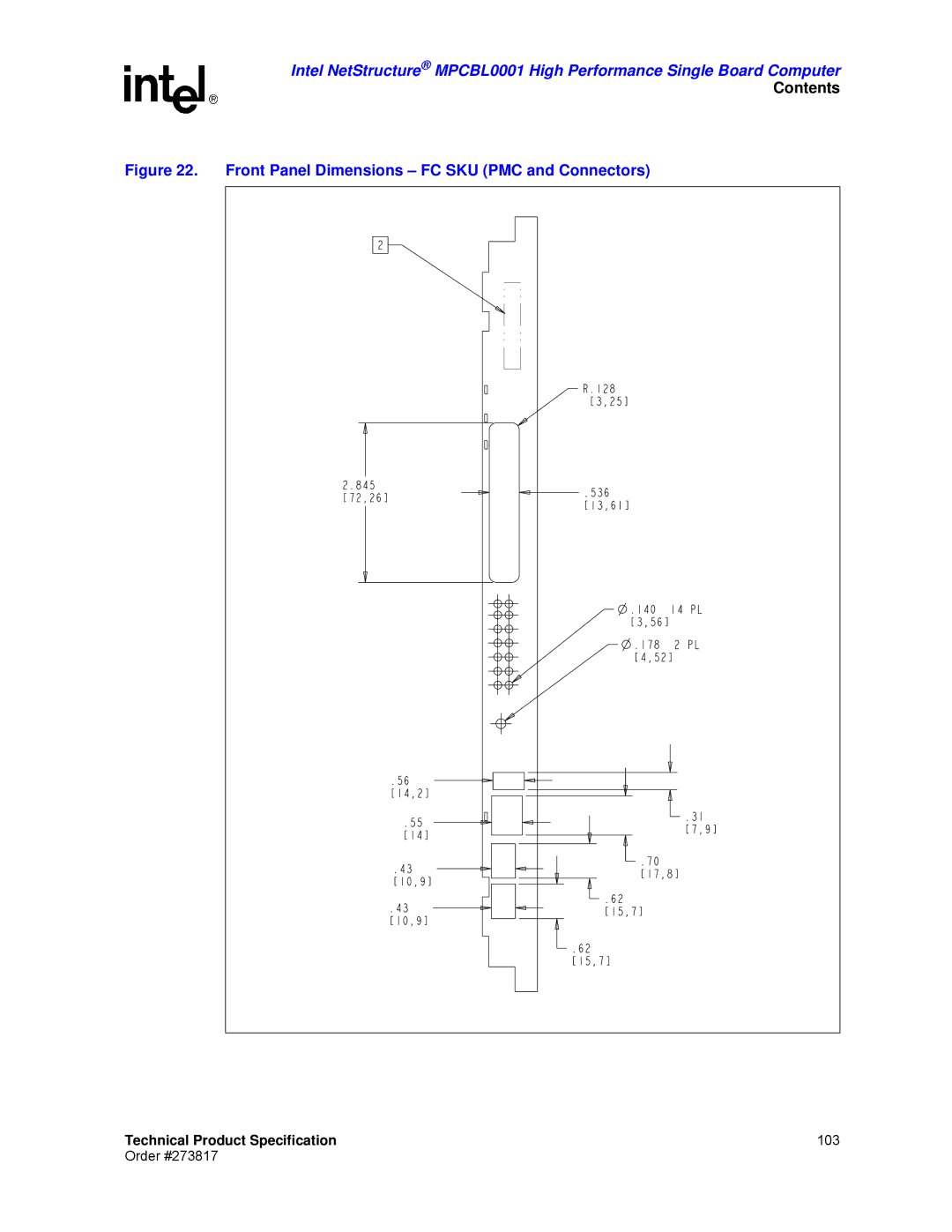 Intel MPCBL0001 manual Front Panel Dimensions FC SKU PMC and Connectors 