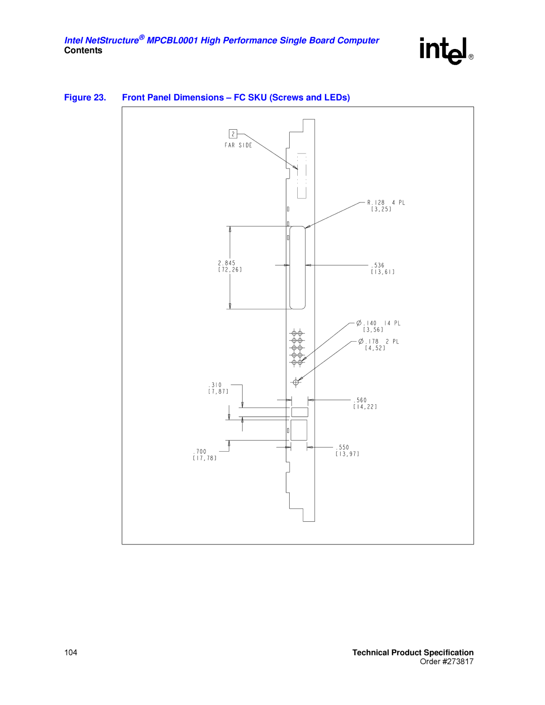 Intel MPCBL0001 manual Front Panel Dimensions FC SKU Screws and LEDs 