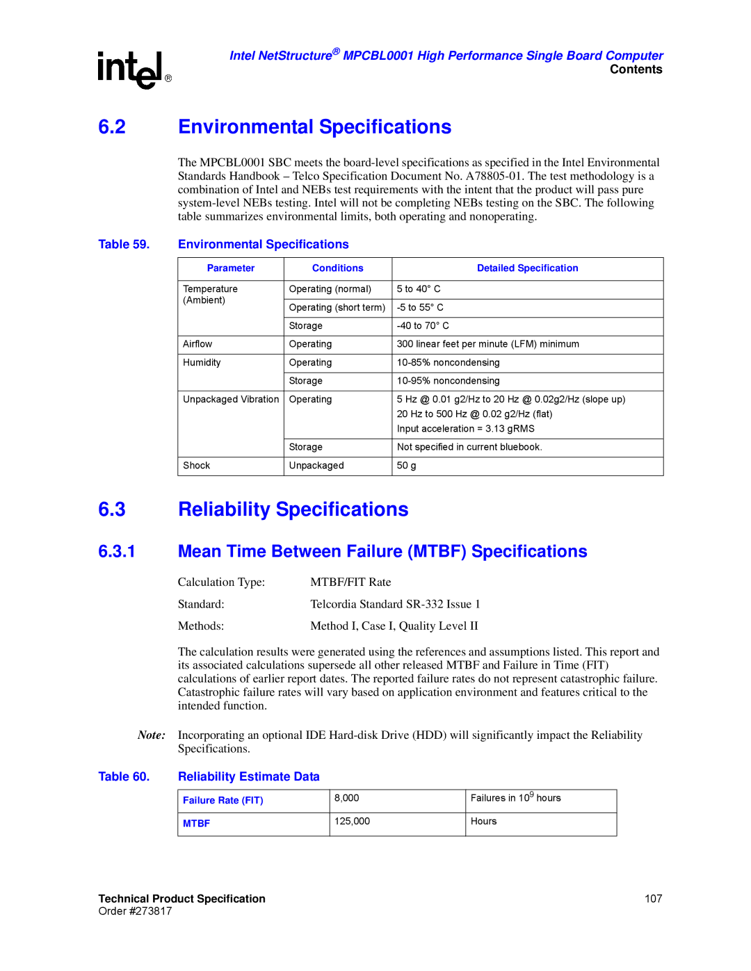 Intel MPCBL0001 Environmental Specifications, Reliability Specifications, Mean Time Between Failure Mtbf Specifications 