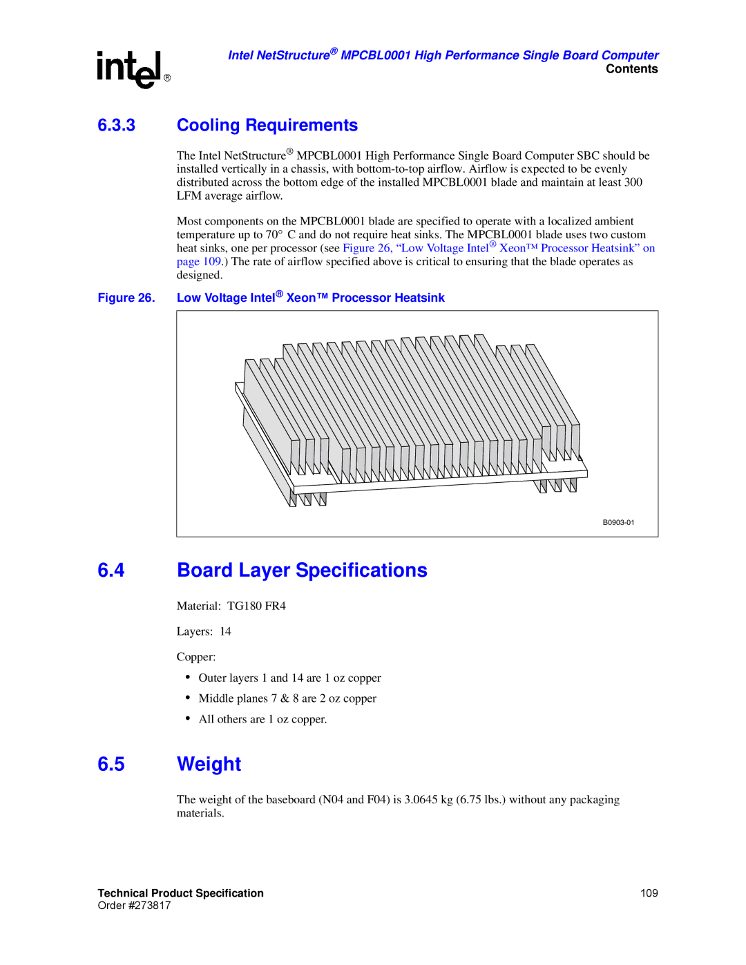 Intel MPCBL0001 manual Board Layer Specifications, Weight, Cooling Requirements 