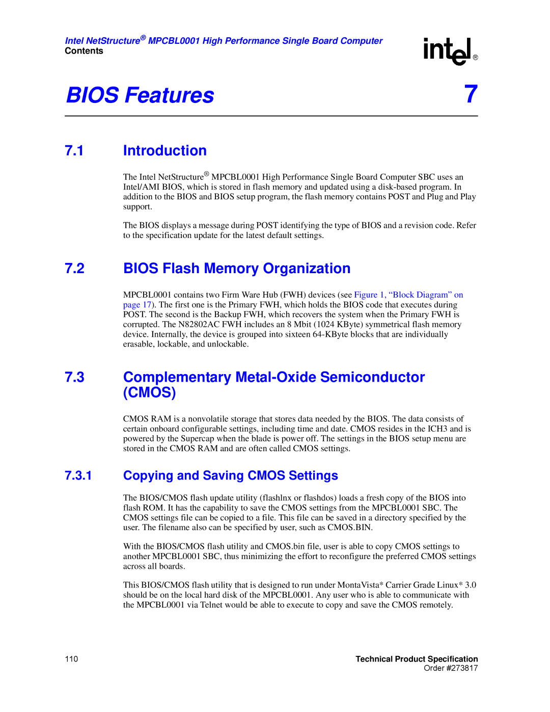 Intel MPCBL0001 Bios Features, Introduction, Bios Flash Memory Organization, Complementary Metal-Oxide Semiconductor Cmos 