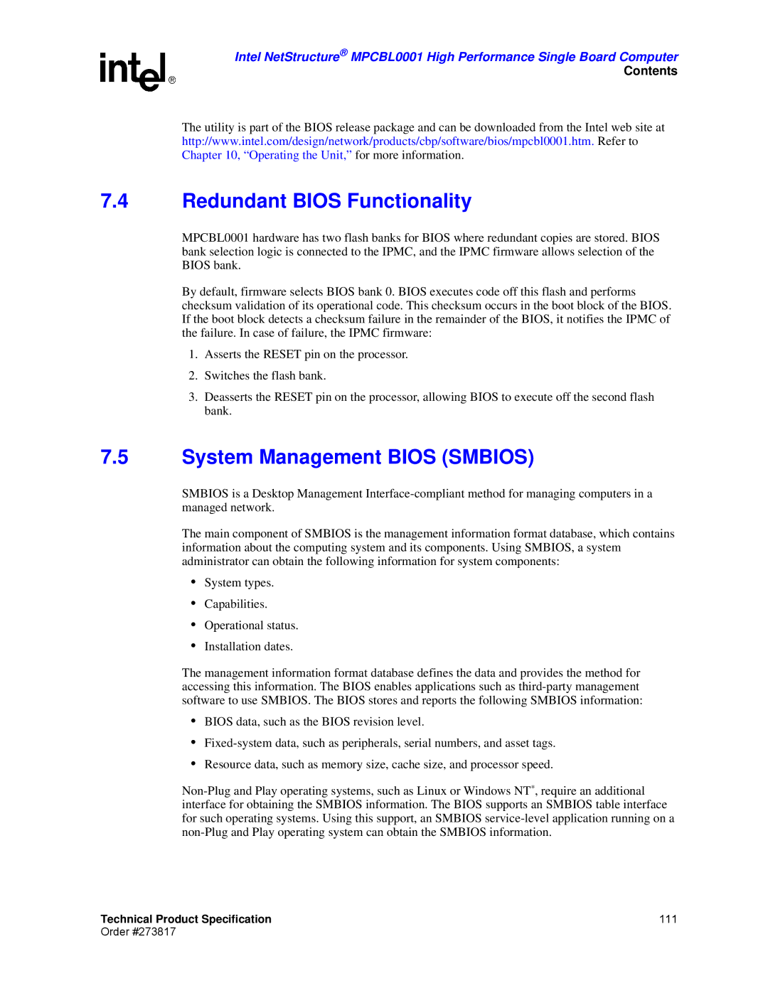 Intel MPCBL0001 manual Redundant Bios Functionality, System Management Bios Smbios 