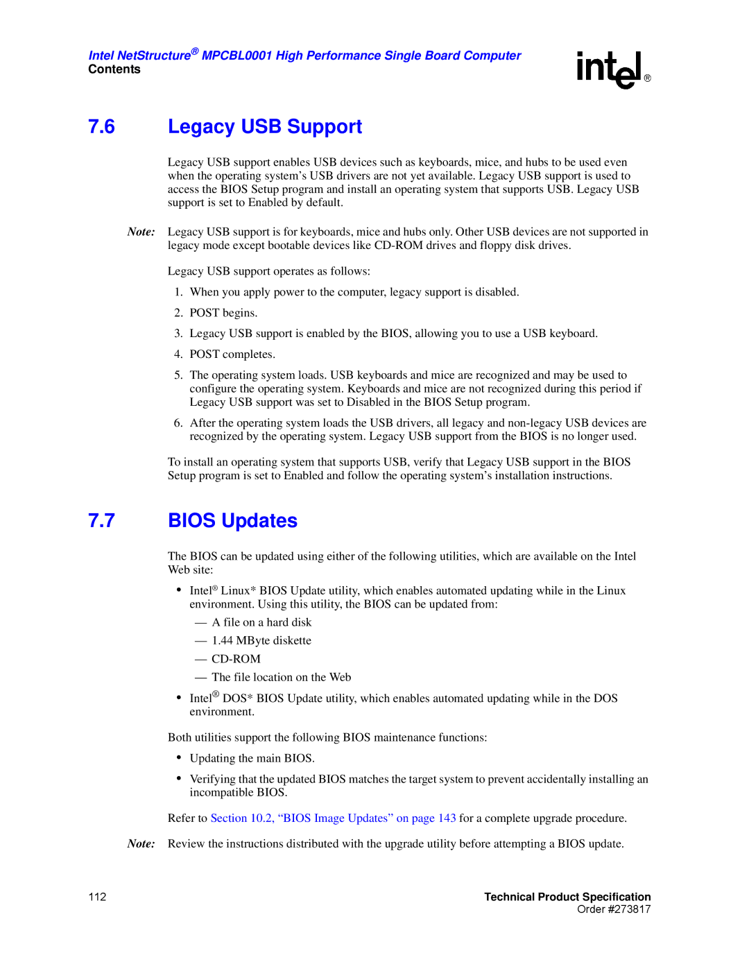 Intel MPCBL0001 manual Legacy USB Support, Bios Updates 