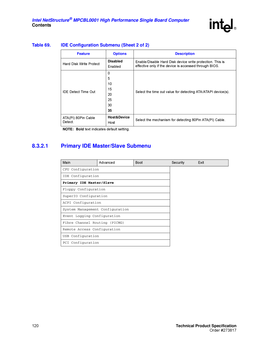 Intel MPCBL0001 manual Primary IDE Master/Slave Submenu, IDE Configuration Submenu Sheet 2 