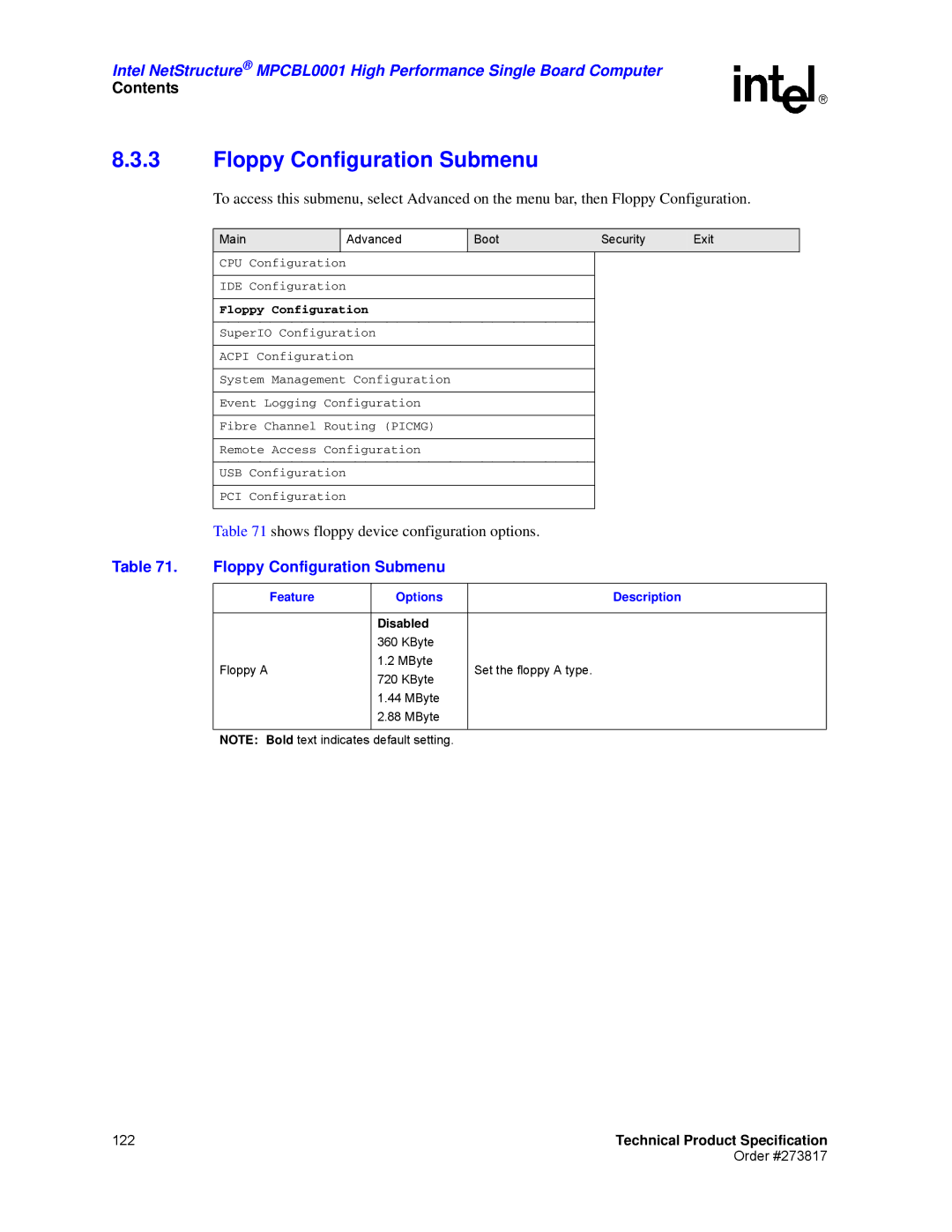 Intel MPCBL0001 manual Floppy Configuration Submenu 