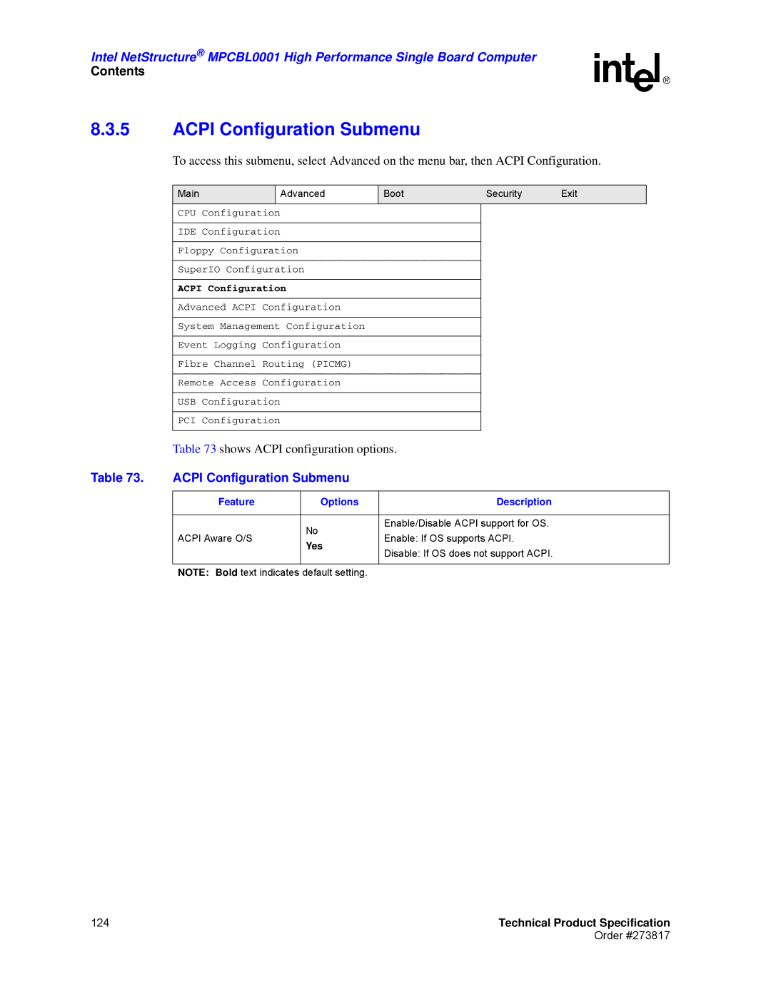 Intel MPCBL0001 manual Acpi Configuration Submenu 