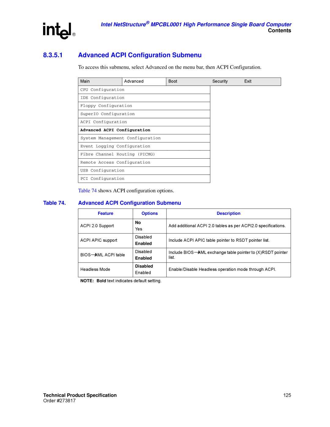 Intel MPCBL0001 manual Advanced Acpi Configuration Submenu 