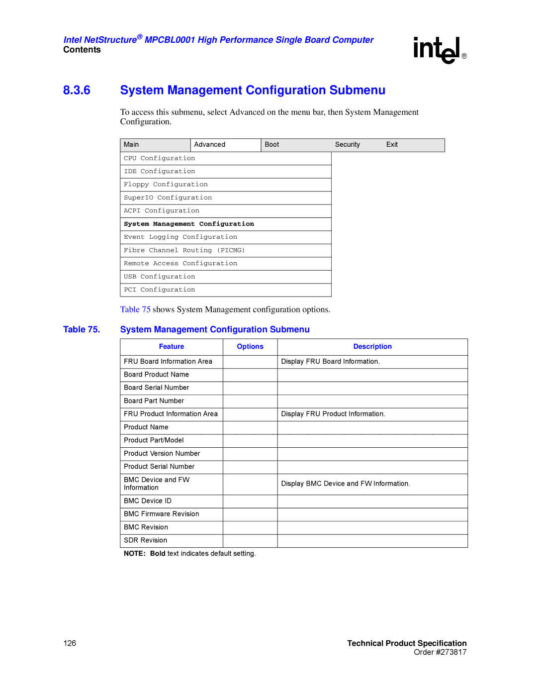 Intel MPCBL0001 manual System Management Configuration Submenu 