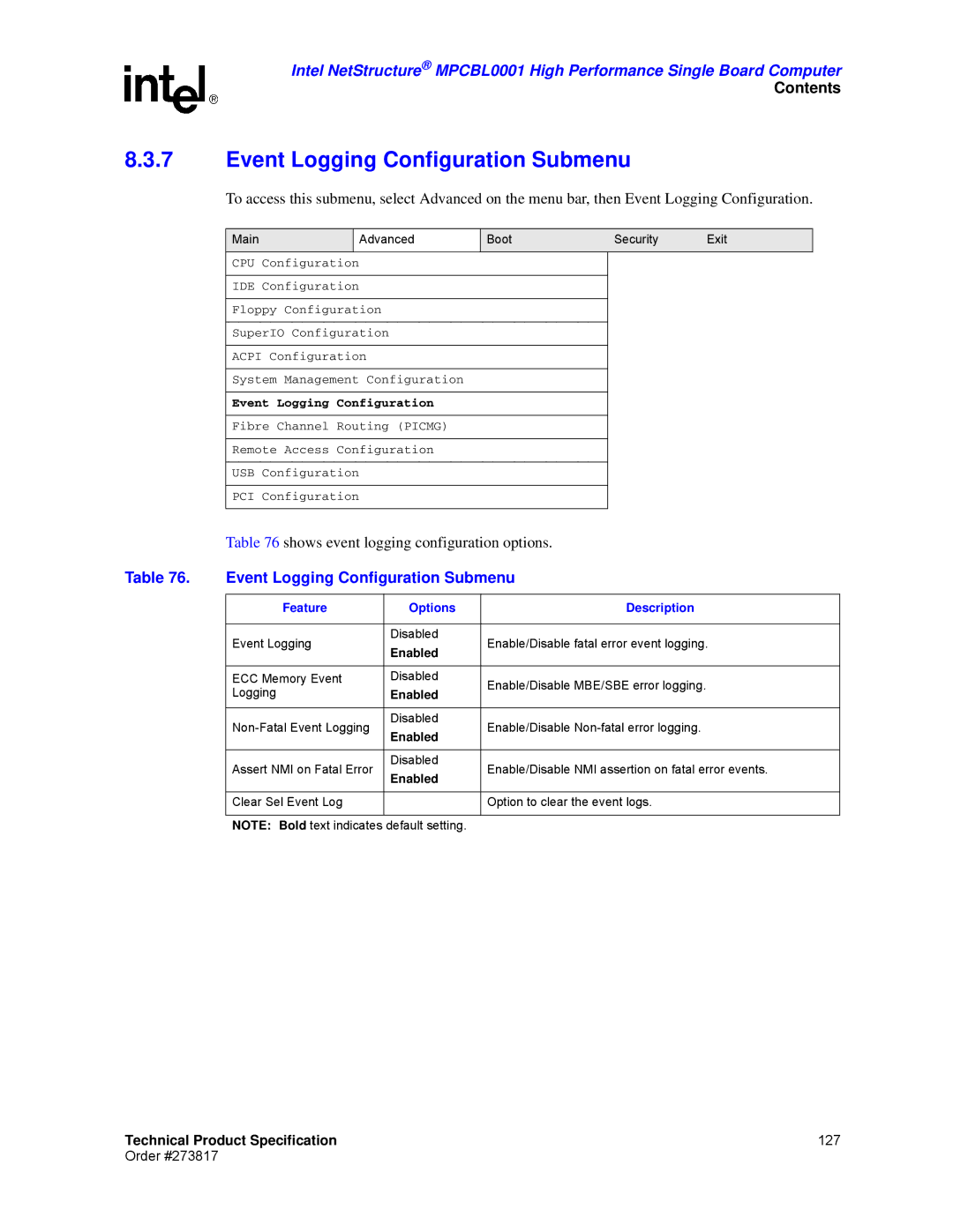 Intel MPCBL0001 manual Event Logging Configuration Submenu 