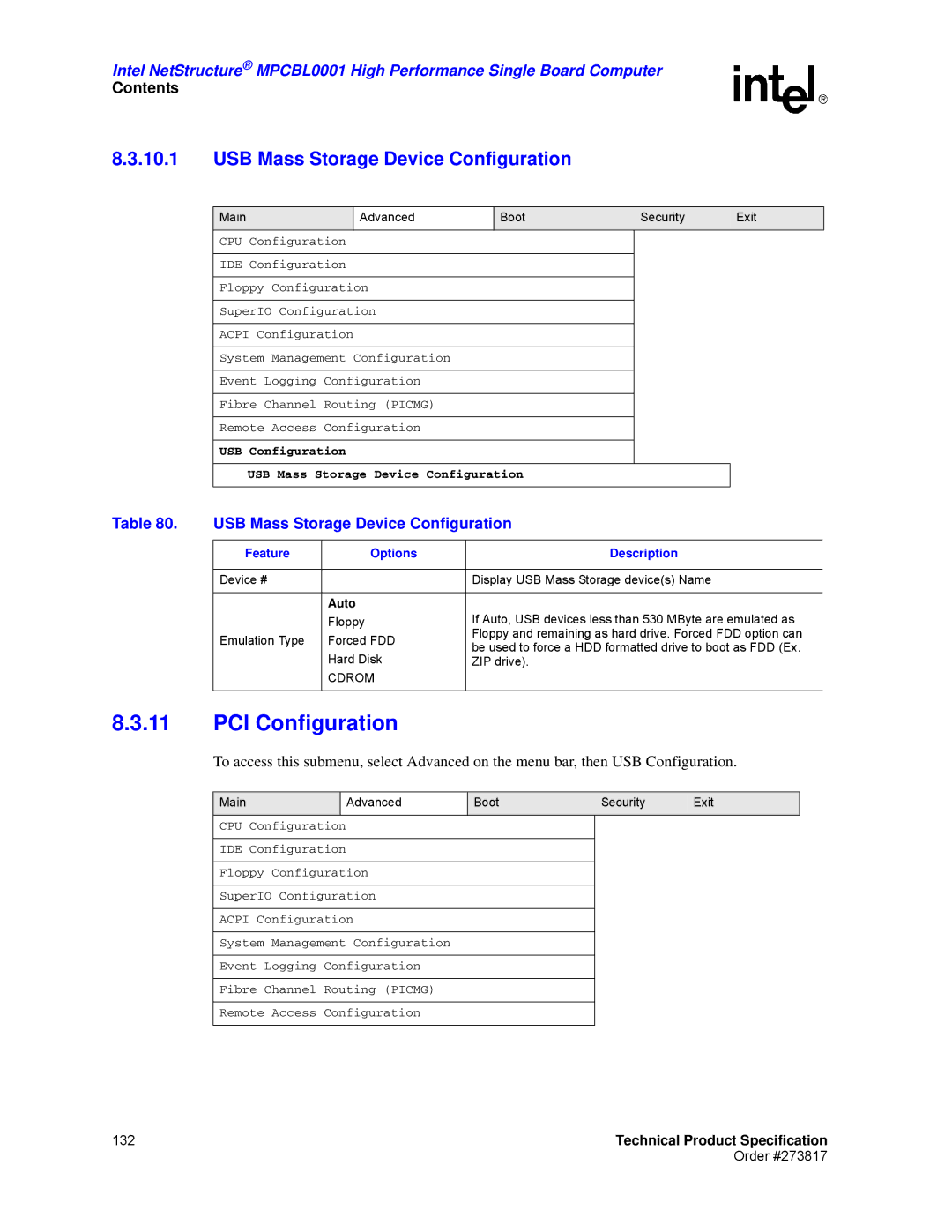 Intel MPCBL0001 manual PCI Configuration, USB Mass Storage Device Configuration 